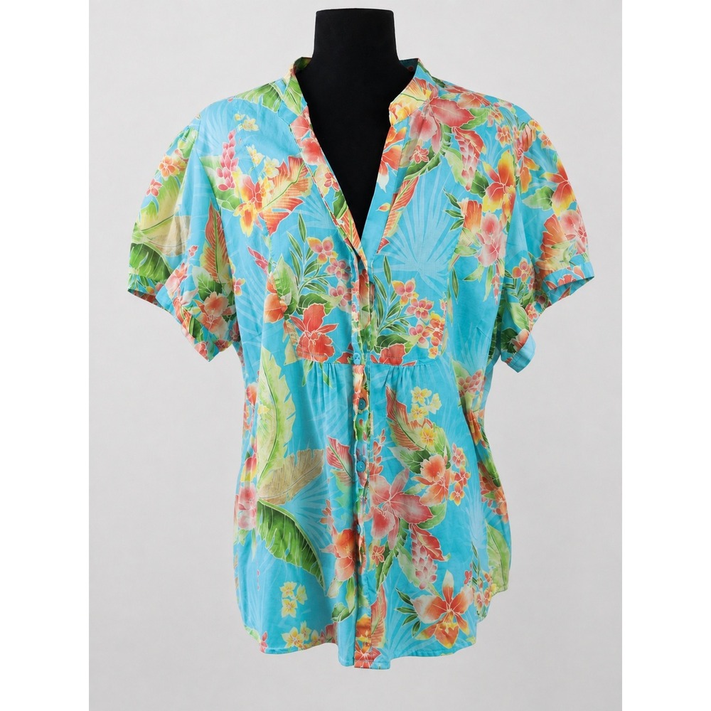 Caribbean Joe 2X Tropical Hawaiian Floral Button Front Blouse Aqua 100% Cotton